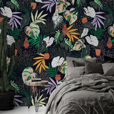 Papier peint botanique avec des feuilles d'alocasia et des palmiers - 425x260 cm (l x h) LA TOUCHE ORIGINALE
