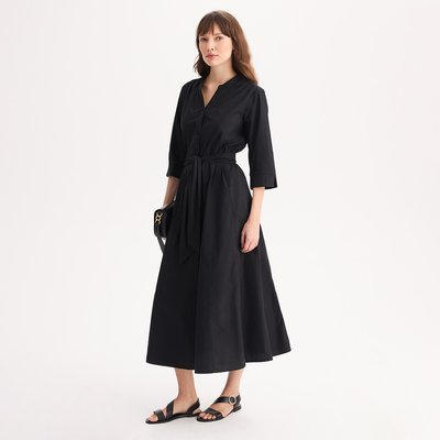 Vestido comprido evasé em algodão, mangas 3/4 ANNE WEYBURN