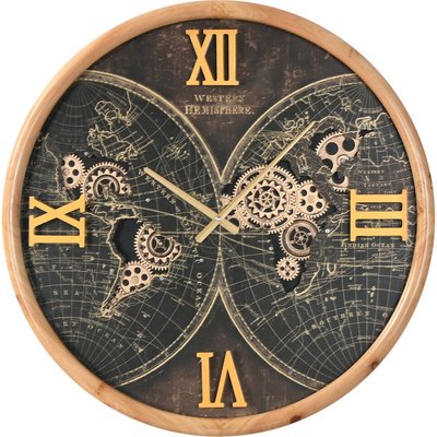 Horloge murale vintage en fer et verre  doré style carte monde RECOLLECTION