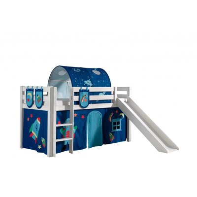 PINO Lit mezzanine avec toboggan + Rideau et tunnel de lit + 3 pochettes Space VIPACK