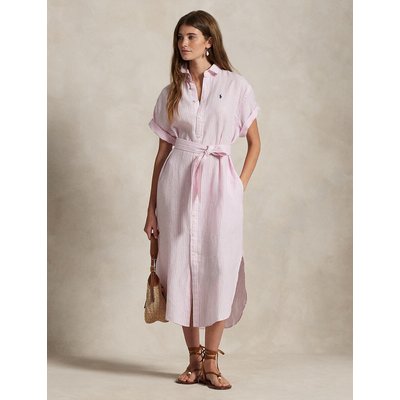 Vestido midi camisero de lino a rayas, de manga corta POLO RALPH LAUREN