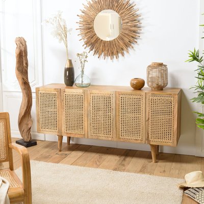Buffet en bois exotique façade rotin 5 portes MALAGA PIER IMPORT