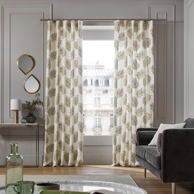 Rideau Filico Tamisant en Toile de lin viscose rebrodée de feuillages Blanc 136x350 cm MADURA
