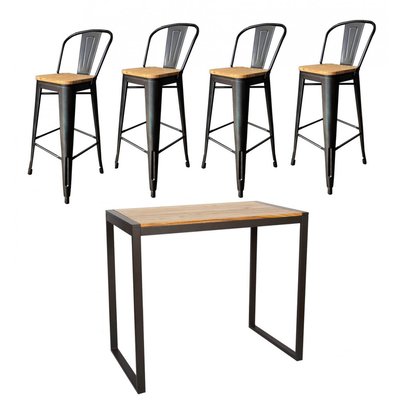 Ensemble haut acier/orme massif avec 4 tabourets de bar - NEVADA MATHI DESIGN