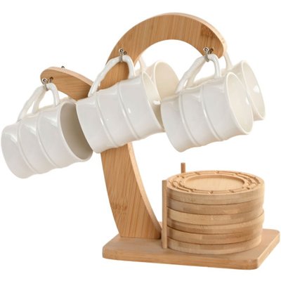 Set de 6 tasses porcelaine blanche et bambou avec support 90ml WADIGA