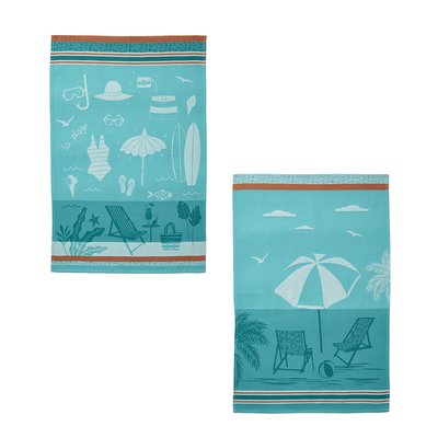 Lot de 2 torchons imprimés en jacquard de coton, PLAGE FARNIENTE COUCKE
