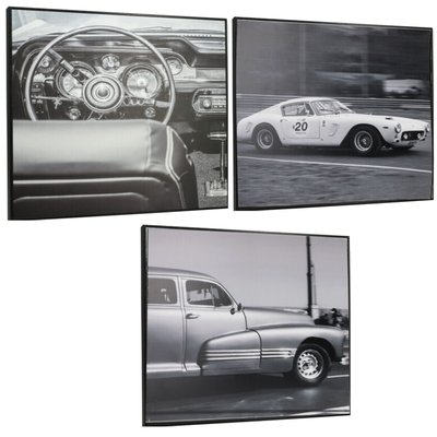 Set de 3 tableaux photo noir et blanc voiture classique 38x38cm WADIGA