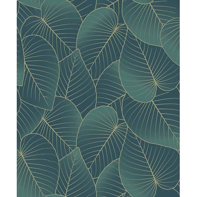 Papier peint feuilles tropicales bleu canard doré HEXOA
