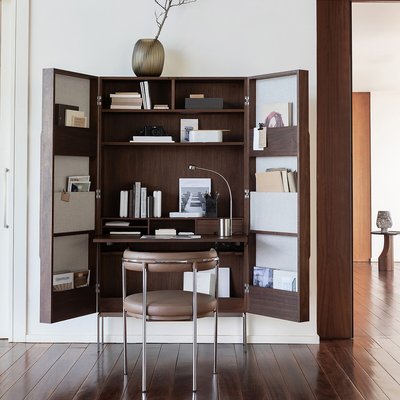 Schreibtischschrank Omid, Nussbaum, Stoff und Nickel satiniert AM.PM