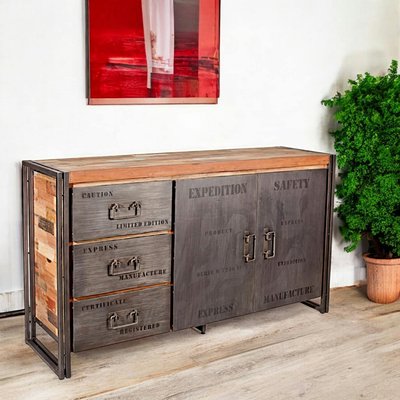 Buffet industriel bois recyclé et métal 2 portes et 3 tiroirs métalliques 160cm CARAVELLE PIER IMPORT
