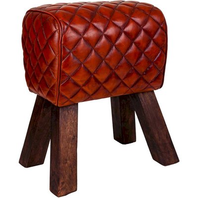 Tabouret cuir  vintage assise matelassée et bois mangue RECOLLECTION