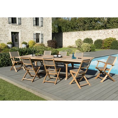 Salon de jardin bois de teck table de jardin extensible 200/300x120cm + 6 chaises et fauteuils pliants textilène SUMMER PIER IMPORT