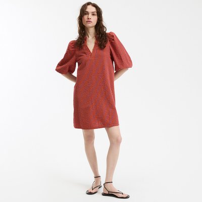 Mini V-Neck Dress with Gingham Checks and Balloon Sleeves LA REDOUTE COLLECTIONS