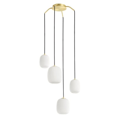 Suspension 4 lampes verre opale cannelé Jap laiton MILLUMINE