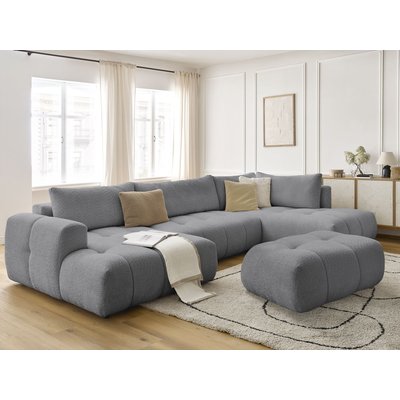 Canapé panoramique convertible 5 places en tissu bouclette avec pouf, FUJI BOBOCHIC