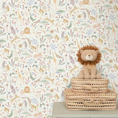 Papier peint fleuri pour enfant Petits animaux de la savanne LITTLE DUTCH