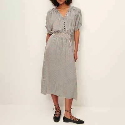 Abito longuette a righe con scollo a V, vita smocked, AMBRA SESSUN