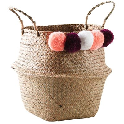 Panier rond en jonc naturel avec pompons Ponpons multicolores AUBRY GASPARD
