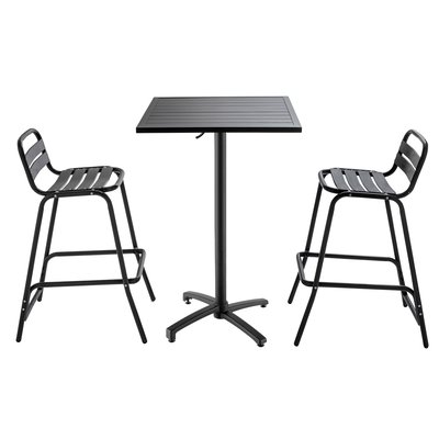 Table de jardin grise mange debout et deux tabourets hauts OVIALA