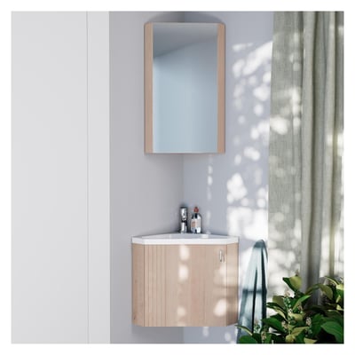 Ensemble meuble lave-mains d'angle + robinet + armoire miroir KODA MOB IN