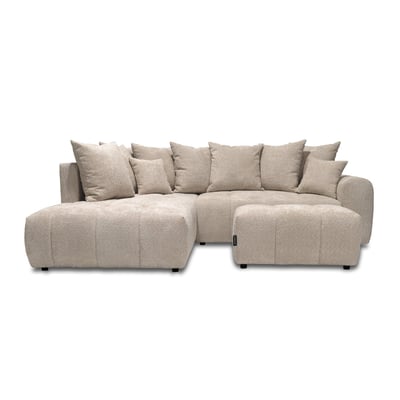 Canapé d'angle convertible 4 places en tissu bouclette avec pouf, ROXELANE BOBOCHIC