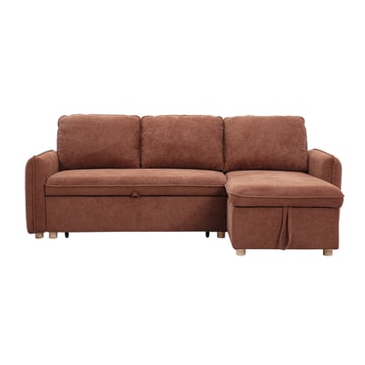 Canapé d'angle convertible réversible avec coffre 3 places en tissu velours côtelé vert kaki et bois clair ORSO MILIBOO