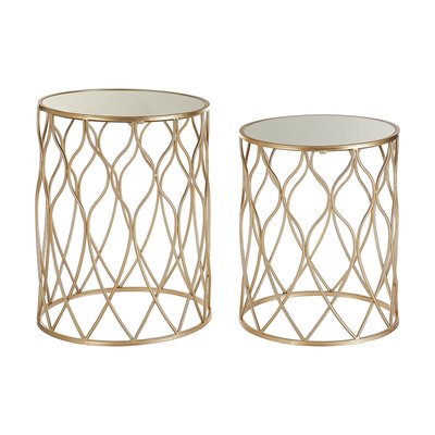 Set of 2 Round Side Tables with Mirror Top in Champagne Iron SO'HOME