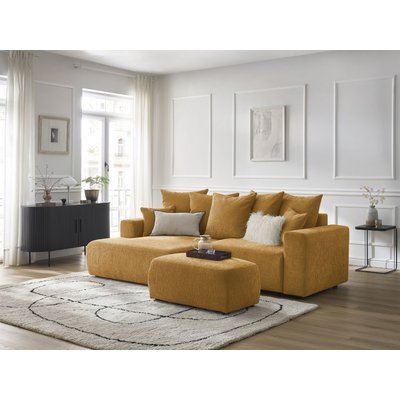 Canapé d'angle convertible 5 places en tissu texturé avec pouf, ATILLA BOBOCHIC