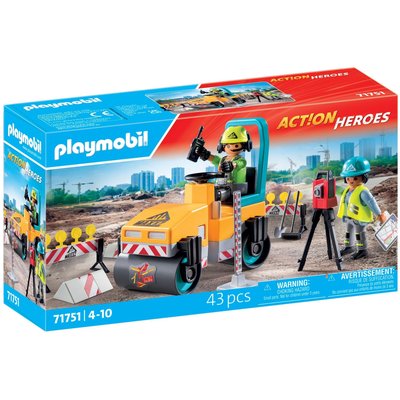 Heroes Ouvriers avec rouleau compresseur et signalisation PLAYMOBIL