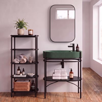 Meuble simple vasque sur pieds 80cm en métal noir et vasque béton et robinet noir, miroir et colonne MOB IN