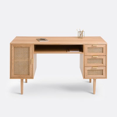 Bureau double caisson plaqué chêne et rotin, Loris SO'HOME