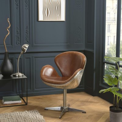 Fauteuil design cuir brun pied aluminium PRESTON PIER IMPORT