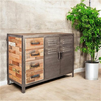 Buffet industriel bois recyclé et métal 2 portes métalliques 4 tiroirs 120cm CARAVELLE PIER IMPORT