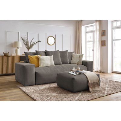Canapé droit convertible 4 places en velours côtelé avec pouf, VOLTAIRE BOBOCHIC