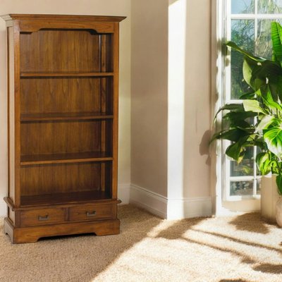 Bibliothèque 4 niveaux 98x180cm bois exotique massif verni 2 tiroirs LOLA PIER IMPORT