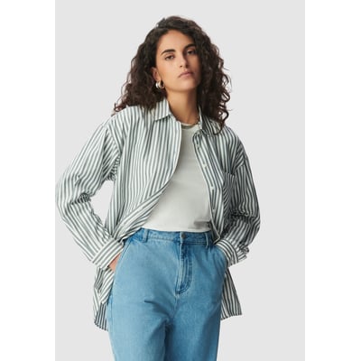 Chemisier Femme Primark Taille 42 - Blanc à Rayures Grises, Manches Longues, Viscose - Occasion Très Bon état