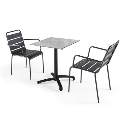 Table de jardin en HPL et 2 fauteuils en métal OVIALA