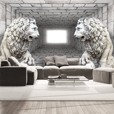 Papier peint intissé panoramique 3D et Perspective Lions de pierre EDEN