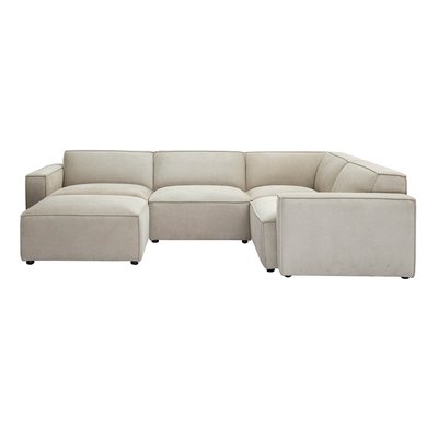 Canapé d'angle modulable 5 places et pouf en tissu effet velours texturé beige SPLIT MILIBOO
