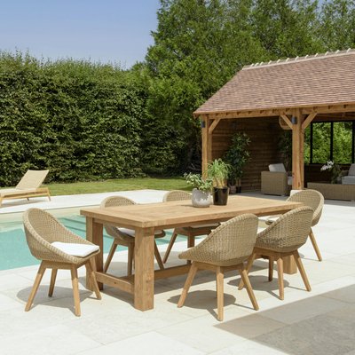 Salon de jardin teck naturel 1 table pieds droits 220 cm + 6 chaises arrondies résine tressée MANY PIER IMPORT