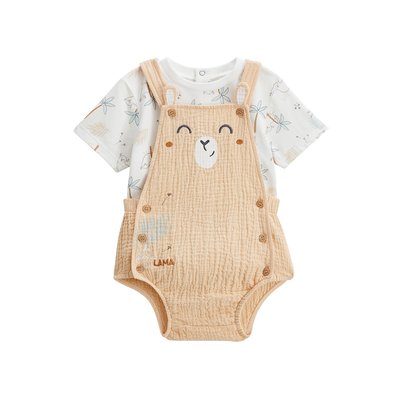 Ensemble salopette bébé en gaze de coton et t-shirt Noisette PETIT BEGUIN