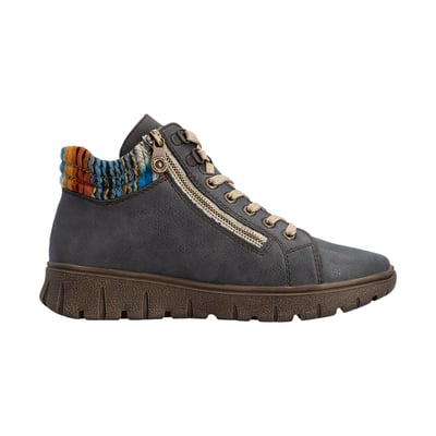 Bottines en cuir bleues à talon plat avec des lacets plats et 2 zips RIEKER