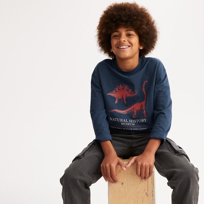 Dinosaur Print Cotton T-Shirt with Long Sleeves LA REDOUTE COLLECTIONS