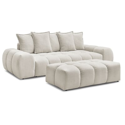 Canapé droit fixe 3 places en tissu texturé avec pouf, EVEREST BOBOCHIC
