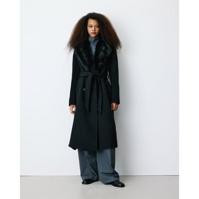 Manteau long croisé col en Imitation fourrure noir Beryl GRACE & MILA