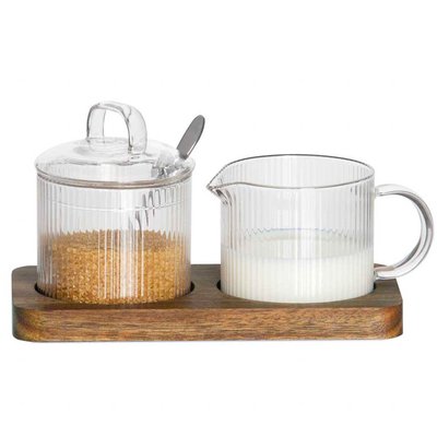 Sucrier + pot à lait en verre transparent et plateau bois d'acacia 19x9.5x10cm WADIGA