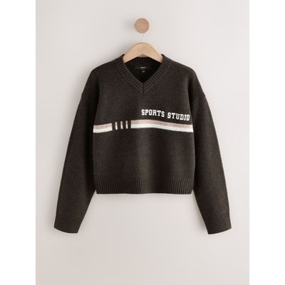 Pull en maille à col v et message sportif NEXT