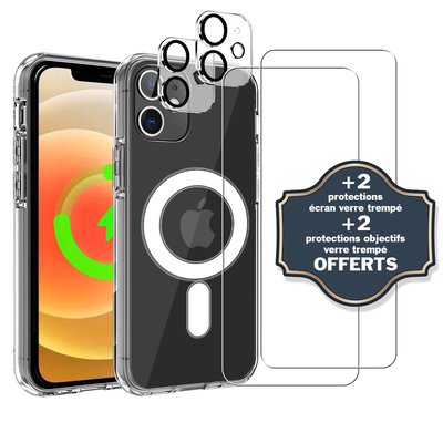 Coque Anti-choc compatible Magsafe pour Iphone 12 Transparente + 2 protections écran et 2 protections objectif caméra EVETANE