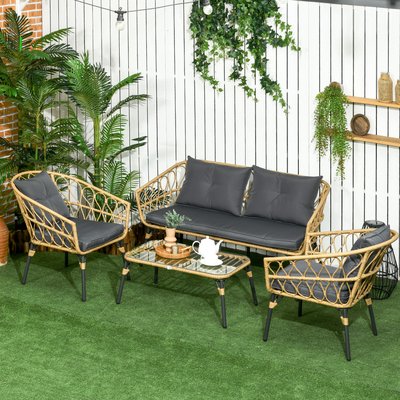 Salon de jardin 4 places 4 pièces style colonial gris aspect rotin OUTSUNNY