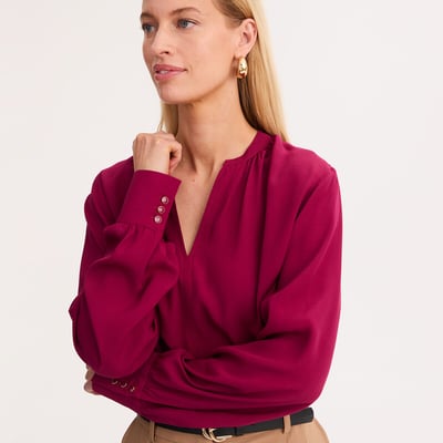 Blouse col V en crépe de viscose manches longues avec fronces ANNE WEYBURN